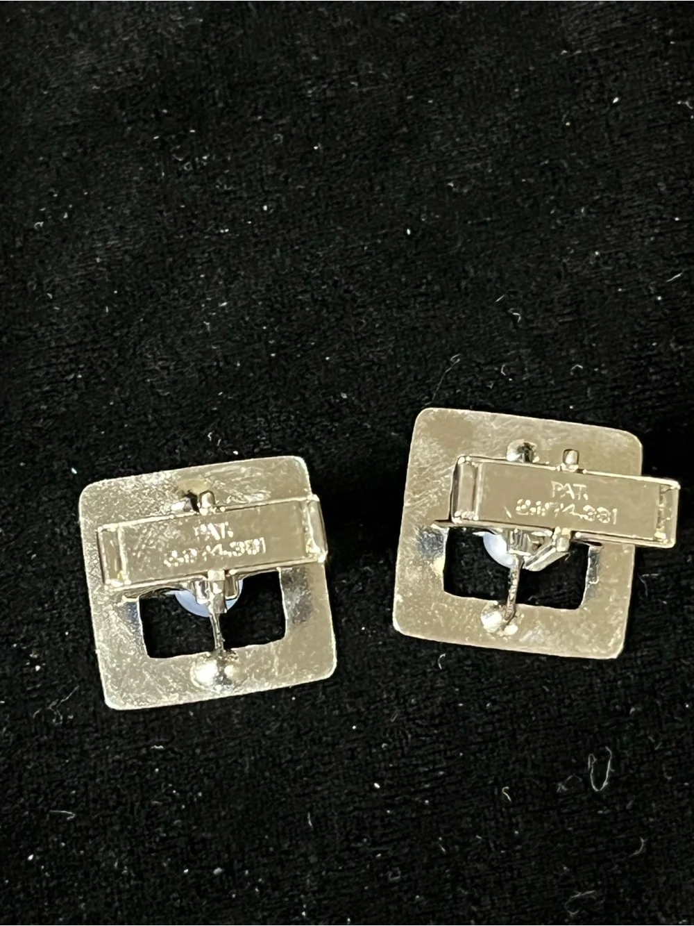 Vintage Silver Blue Moongloe Lucite Cabochon Square Cufflink and Tie Tack Set
